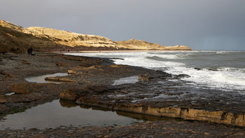 This is a landscape photograph of a moody Northumbrian beach taken in the late morning during the winter season. The image depicts part of the Northumberland coast near Seahouses and Bamburgh in England, United Kingdom. The beach is characterised by rocky outcrops and pools of water in the foreground, with waves from the sea breaking against the shore. Grassy dunes extend along the coastline, and evenly-lit clouds create a dramatic effect over the scene. The waves rolling in from the North Sea add to the wild atmosphere of the Northumberland coast, while the soft winter sunlight highlights the pale colours of the dunes and rocks.